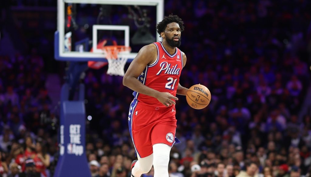Jan 16, 2026; Philadelphia, Pennsylvania, USA; Philadelphia 76ers center Joel Embiid (21) dribbles the ball against the Cleveland Cavaliers during the first quarter at Xfinity Mobile Arena.