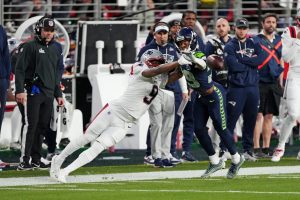 Feb 8, 2026; Santa Clara, CA, USA; Seattle Seahawks cornerback Josh Jobe (29) blocks a pass intended for New England Patriots wide receiver Kayshon Boutte (9) during the third quarter in Super Bowl LX at Levi's Stadium.