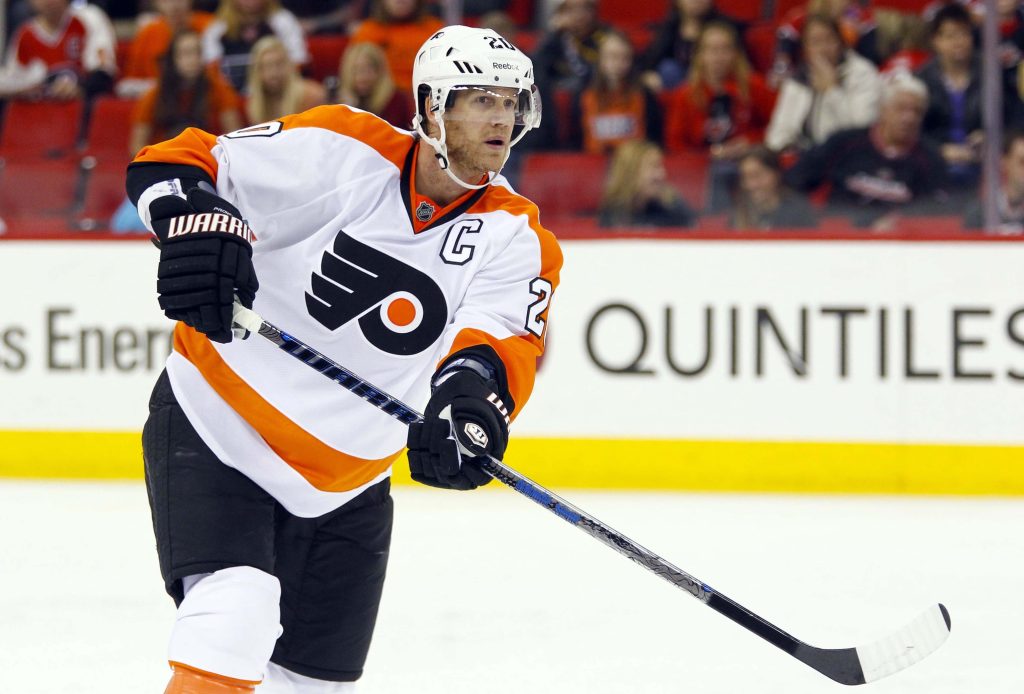 November 14, 2011; Raleigh, NC, USA; Philadelphia Flyers defensemen Chris Pronger (20) against the Carolina Hurricanes at the RBC center. The Flyers defeated the Hurricanes 5-3.