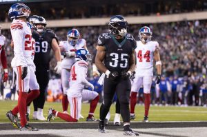 Jan 8, 2023; Philadelphia, Pennsylvania, USA; Philadelphia Eagles running back Boston Scott (35) reacts to his touchdown run against the New York Giants during the first quarter at Lincoln Financial Field.