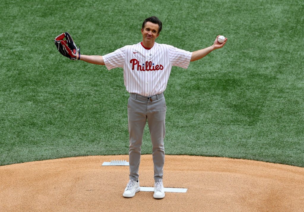 [US, Mexico & Canada customers only] June 9, 2024; London, UNITED KINGDOM; Television actor Rob McElhenney throws out the ceremonial first pitch before a London Series baseball game between the Philadelphia Phillies and New York Mets at Queen Elizabeth Olympic Park. Mandatory Credit: