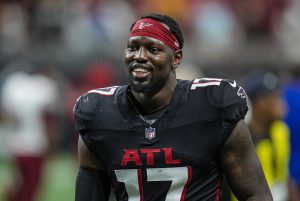Sep 28, 2025; Atlanta, Georgia, USA; Atlanta Falcons linebacker Arnold Ebiketie (17) on the field during the game against the Washington Commanders at Mercedes-Benz Stadium.