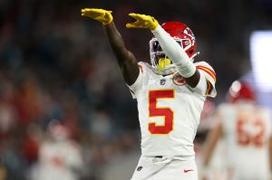 Oct 6, 2025; Jacksonville, Florida, USA; Kansas City Chiefs wide receiver Marquise Brown (5) celebrates after a play during the first half against the Jacksonville Jaguars at EverBank Stadium.