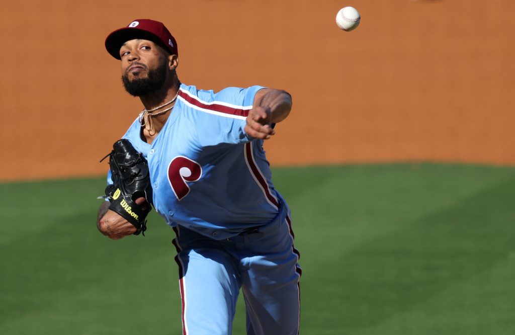 Oct 9, 2025; Los Angeles, California, USA; Philadelphia Phillies pitcher Cristopher Sanchez (61) throws in the second inning against the Los Angeles Dodgers during game four of the NLDS round for the 2025 MLB playoffs at Dodger Stadium.