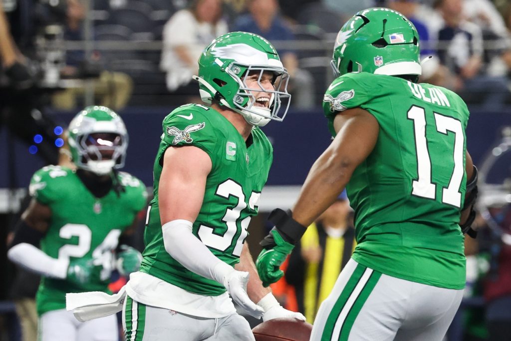 Nov 23, 2025; Arlington, Texas, USA; Philadelphia Eagles safety Reed Blankenship (32) celebrates after an interception in the second quarter at AT&T Stadium.