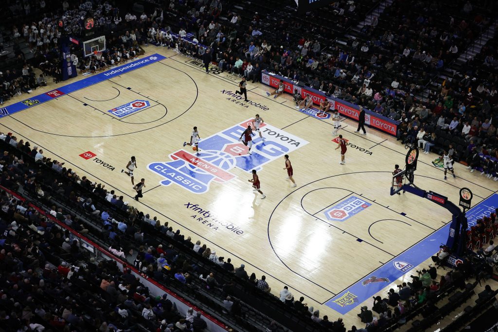 Dec 6, 2025; Philadelphia, PA, USA; General view of game action between the Penn Quakers and the Villanova Wildcats during the first half at Xfinity Mobile Arena.