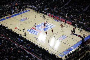 Dec 6, 2025; Philadelphia, PA, USA; General view of game action between the Penn Quakers and the Villanova Wildcats during the first half at Xfinity Mobile Arena.