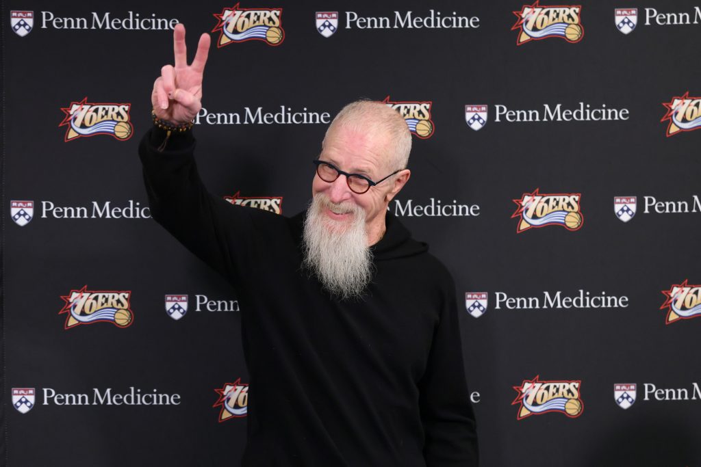 Jan 31, 2026; Philadelphia, Pennsylvania, USA; Former Philadelphia 76ers president Pat Croce during a press conference honoring the 2001 76ers Eastern Conference championship team before a game against the New Orleans Pelicans at Xfinity Mobile Arena.