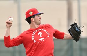 Feb 11, 2026; Clearwater, FL, USA; Philadelphia Phillies pitcher Andrew Painter (23) warms up during spring training at BareCare Ballpark.