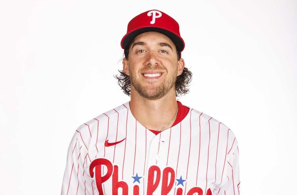 Feb 19, 2026; Clearwater, FL, USA; Philadelphia Phillies pitcher Aaron Nola (27) poses for media day.