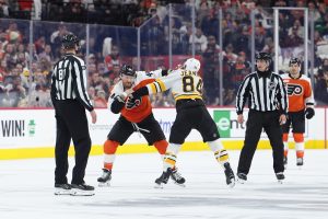 Feb 28, 2026; Philadelphia, Pennsylvania, USA; Philadelphia Flyers left wing Nicolas Deslauriers (44) fights Boston Bruins left wing Tanner Jeannot (84) in the first period at Xfinity Mobile Arena.