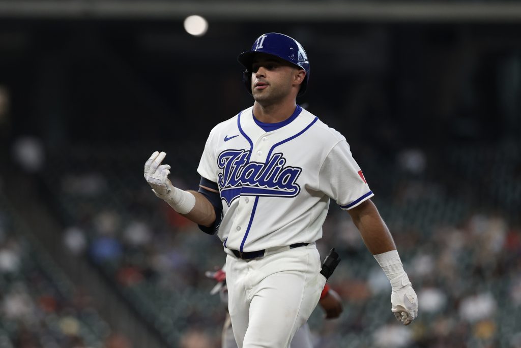 Mar 8, 2026; Houston, TX, United States; Italy left fielder Dante Nori (16) reacts to his single agains the Great Britain in the sixth inning at Daikin Park.