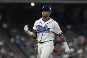 Mar 8, 2026; Houston, TX, United States; Italy left fielder Dante Nori (16) reacts to his single agains the Great Britain in the sixth inning at Daikin Park.