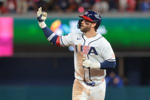 Mar 17, 2026; Miami, FL, United States;United States first baseman Bryce Harper (24) reacts after hitting a home run against Venezuela in the eighth inning during the 2026 World Baseball Classic Championship game at loanDepot Park.