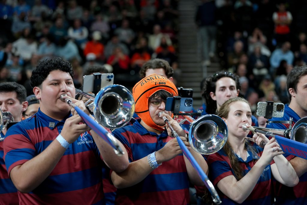 Mar 19, 2026; Greenville, SC, USA; The Penn Quakers band performs against the Illinois Fighting Illini in the first half of a first round game of the men's 2026 NCAA Tournament at Bon Secours Wellness Arena.