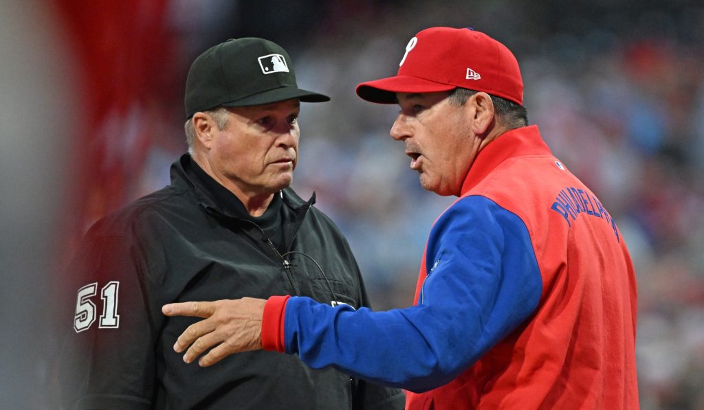 Mar 30, 2026; Philadelphia, Pennsylvania, USA; Philadelphia Phillies manager Rob Thomson (49)] argues a call with umpire Marvin Hudson (51) against the Washington Nationals during the first inning at Citizens Bank Park.