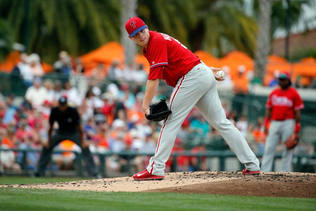 Mar 13, 2017; Sarasota, FL, USA; Philadelphia Phillies starting pitcher Jeremy Hellickson (58) looks back while on the mound against the Baltimore Orioles at Ed Smith Stadium.