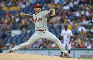 Jul 30, 2021; Pittsburgh, Pennsylvania, USA; Philadelphia Phillies starting pitcher Vince Velasquez (21) delivers a pitch against the Pittsburgh Pirates during the first inning at PNC Park.