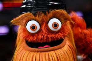 Feb 22, 2025; Philadelphia, Pennsylvania, USA; Philadelphia Flyers mascot Gritty poses during the game against the Edmonton Oilers at Wells Fargo Center.
