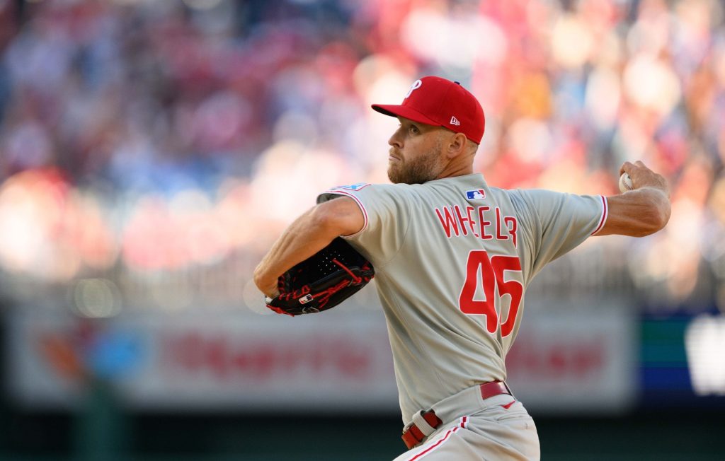Mar 27, 2025; Washington, District of Columbia, USA; Philadelphia Phillies pitcher Zack Wheeler (45) throws a pitch during the first inning against the Washington Nationals at Nationals Park.