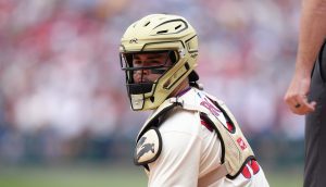 May 18, 2025; Philadelphia, Pennsylvania, USA; Philadelphia Phillies catcher Rafael Marchan (13) looks on against the Pittsburgh Pirates in the third inning at Citizens Bank Park.