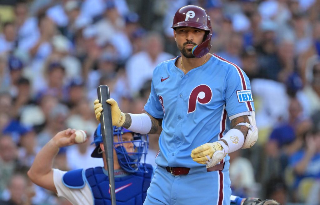 Oct 9, 2025; Los Angeles, California, USA; Philadelphia Phillies right fielder Nick Castellanos (8) reacts after striking out in the fifth inning against the Los Angeles Dodgers during game four of the NLDS round for the 2025 MLB playoffs at Dodger Stadium. Mandatory Credit: Jayne Kamin-Oncea-Imagn Images