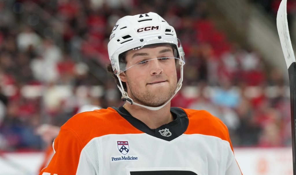 Oct 11, 2025; Raleigh, North Carolina, USA; Philadelphia Flyers right wing Tyson Foerster (71) looks on against the Carolina Hurricanes during the first period at Lenovo Center.
