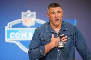 Feb 25, 2026; Indianapolis, IN, USA; New England Patriots coach Mike Vrabel speaks during the NFL Scouting Combine at the Indiana Convention Center.