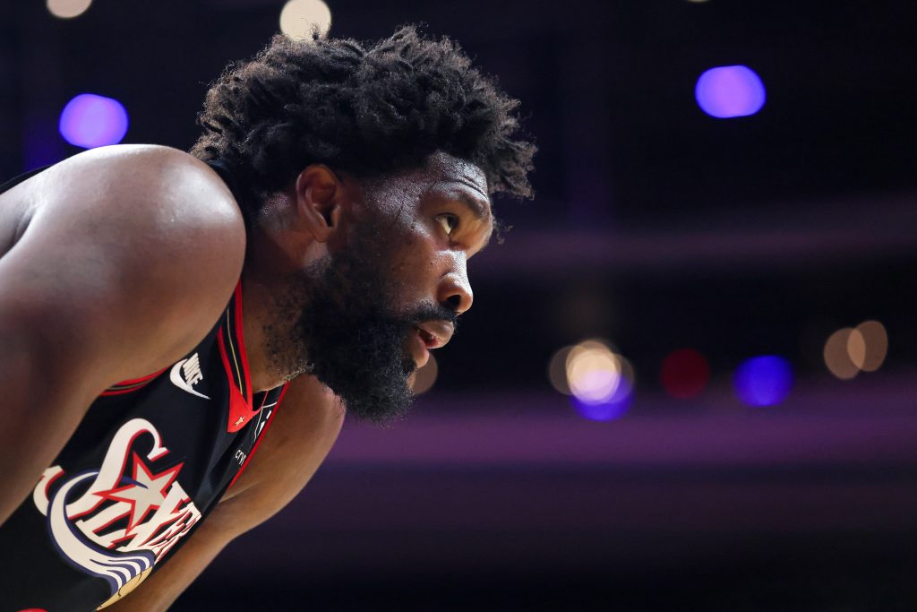 Feb 26, 2026; Philadelphia, Pennsylvania, USA; Philadelphia 76ers center Joel Embiid (21) looks on during the third quarter against the Miami Heat at Xfinity Mobile Arena.