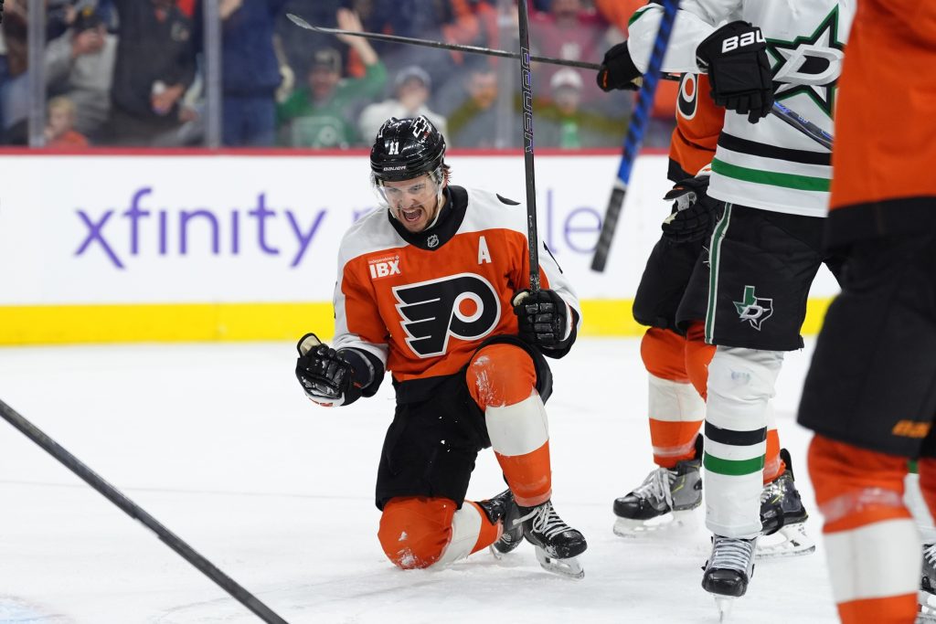 Mar 29, 2026; Philadelphia, Pennsylvania, USA; Philadelphia Flyers right wing Travis Konecny (11) reacts after scoring a goal against the Dallas Stars in the second period at Xfinity Mobile Arena.