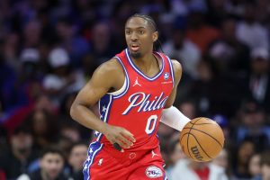 Apr 3, 2026; Philadelphia, Pennsylvania, USA; Philadelphia 76ers guard Tyrese Maxey (0) dribbles the ball against the Minnesota Timberwolves during the first quarter at Xfinity Mobile Arena. Mandatory Credit: