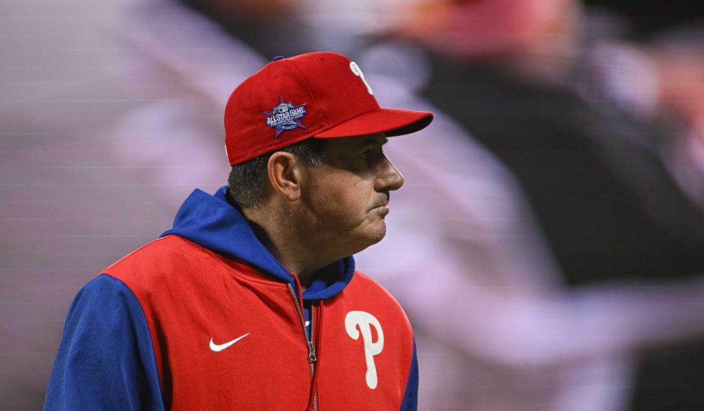 Apr 7, 2026; San Francisco, California, USA; Philadelphia Phillies manager Rob Thomson (49) walks off the mound during the fifth inning of the game against the San Francisco Giants at Oracle Park.