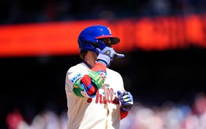 Apr 11, 2026; Philadelphia, Pennsylvania, USA; Philadelphia Phillies infielder Bryce Harper (3) rounds the bases after hitting a home run against the Arizona Diamondbacks in the third inning at Citizens Bank Park.
