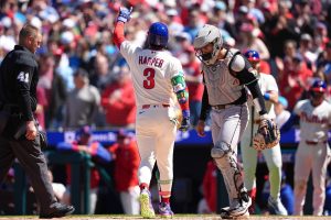 Apr 11, 2026; Philadelphia, Pennsylvania, USA; Philadelphia Phillies infielder Bryce Harper (3) reacts after hitting a home run against the Arizona Diamondbacks in the third inning at Citizens Bank Park.
