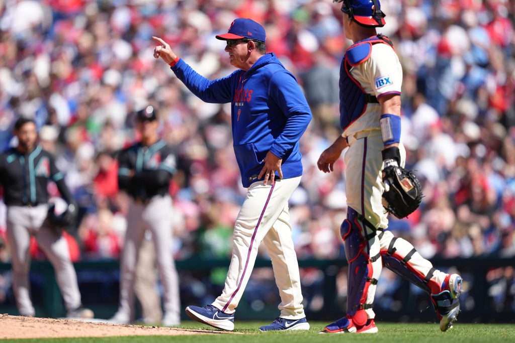 Apr 11, 2026; Philadelphia, Pennsylvania, USA; Philadelphia Phillies manager Rob Thomson calls for a pitching change against the Arizona Diamondbacks in the sixth inning at Citizens Bank Park.