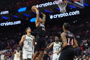 Apr 12, 2026; Philadelphia, Pennsylvania, USA; Philadelphia 76ers forward MarJon Beauchamp (16) drives to shoot against the Milwaukee Bucks in the fourth quarter at Xfinity Mobile Arena.