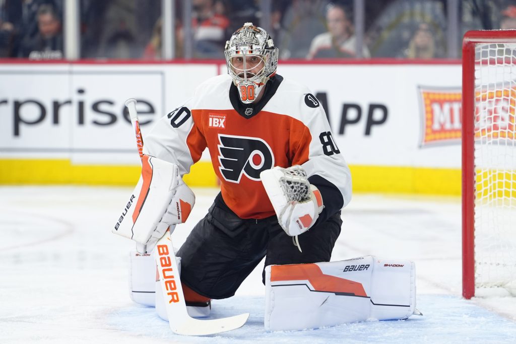Apr 13, 2026; Philadelphia, Pennsylvania, USA; Philadelphia Flyers goalie Dan Vladar (80) in action against the Carolina Hurricanes in the second period at Xfinity Mobile Arena.