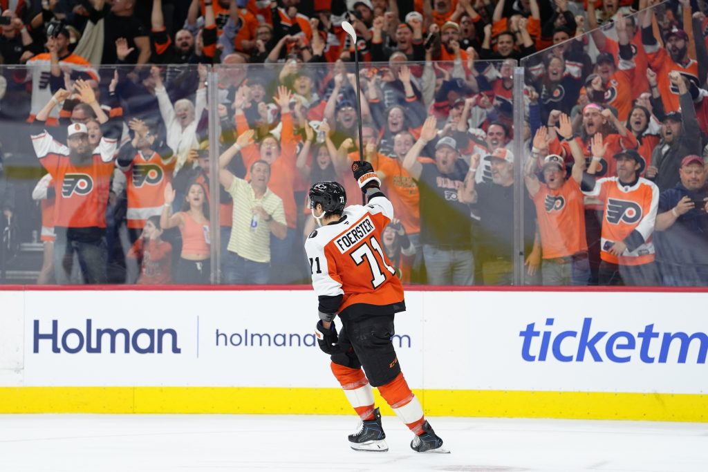Apr 13, 2026; Philadelphia, Pennsylvania, USA; Philadelphia Flyers right wing Tyson Foerster (71) reacts after scoring a shootout goal against the Carolina Hurricanes in overtime at Xfinity Mobile Arena.