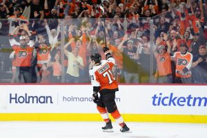 Apr 13, 2026; Philadelphia, Pennsylvania, USA; Philadelphia Flyers right wing Tyson Foerster (71) reacts after scoring a shootout goal against the Carolina Hurricanes in overtime at Xfinity Mobile Arena.