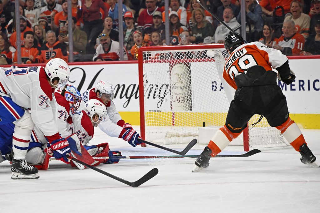 Apr 14, 2026; Philadelphia, Pennsylvania, USA; Philadelphia Flyers right wing Matvei Michkov (39) scores a goal against the Montral Canadiens during the second period at Xfinity Mobile Arena.
