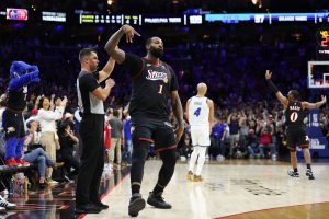 Apr 15, 2026; Philadelphia, Pennsylvania, USA; Philadelphia 76ers center Andre Drummond (1) reacts to his three pointer in the final minute of play in the fourth quarter against the Orlando Magic in an play-in round of the 2026 NBA Playoffs at Xfinity Mobile Arena.