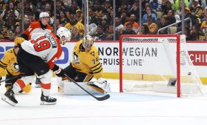 Apr 20, 2026; Pittsburgh, Pennsylvania, USA; Philadelphia Flyers right wing Garnet Hathaway (19) scores short-handed goal against Pittsburgh Penguins goaltender Stuart Skinner (74) during the second period in game two of the first round of the 2026 Stanley Cup Playoffs at PPG Paints Arena.