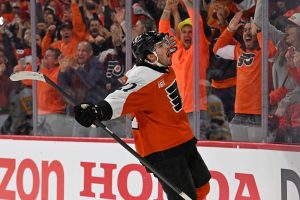 Apr 22, 2026; Philadelphia, Pennsylvania, USA; Philadelphia Flyers left wing Noah Cates (27) celebrates his goal against the Pittsburgh Penguins during the third period in game three of the first round of the 2026 Stanley Cup Playoffs at Xfinity Mobile Arena.