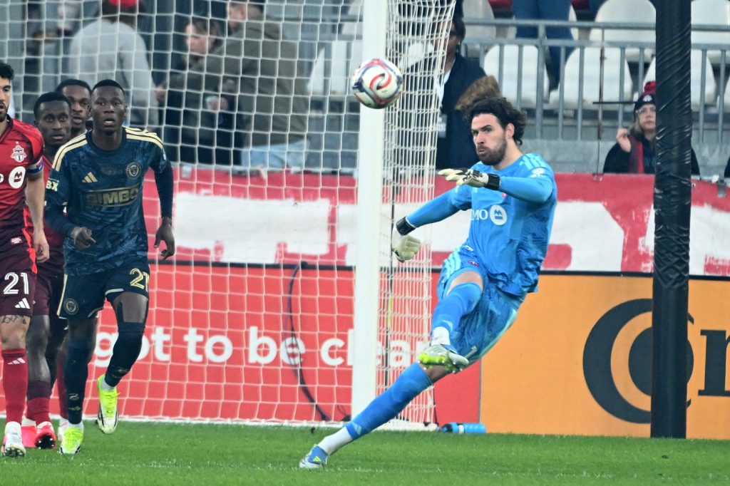 Apr 22, 2026; Toronto, Ontario, CAN; Toronto FC goalkeeper Luka Gavranv (1) clears the ball away from his goal area in the first half against Philadelphia Union at BMO Field.