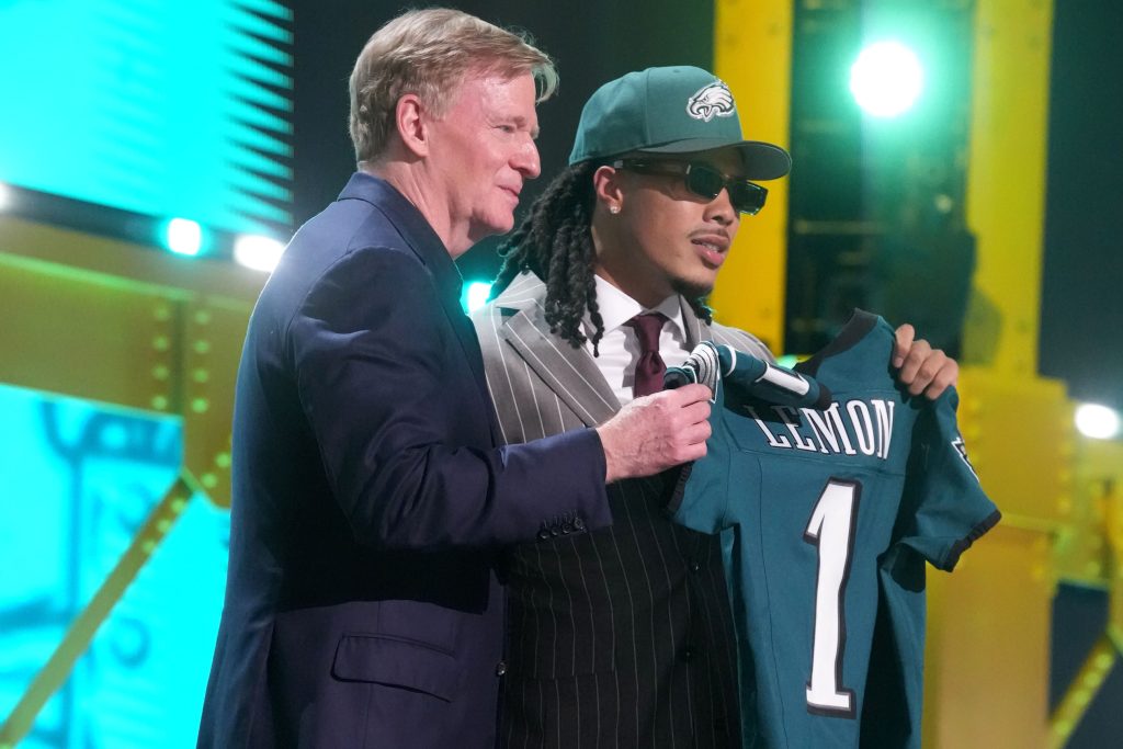 Apr 23, 2026; Pittsburgh, PA, USA; Southern California Trojans receiver Makai Lemon is selected by the Philadelphia Eagles as the number 20 pick during the 2026 NFL Draft at Acrisure Stadium.