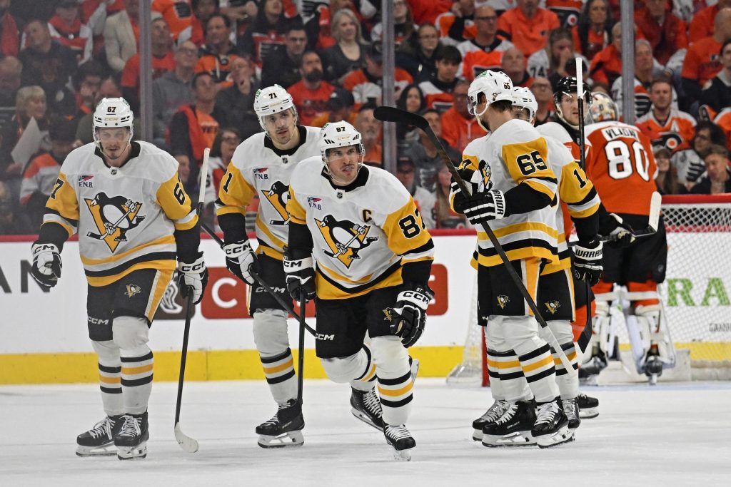 Apr 25, 2026; Philadelphia, Pennsylvania, USA; Pittsburgh Penguins center Sidney Crosby (87) skates back to the bench after scoring a goal against the Philadelphia Flyers during the first period in game four of the first round of the 2026 Stanley Cup Playoffs at Xfinity Mobile Arena.