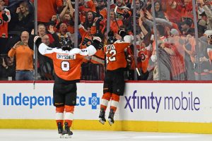 Apr 25, 2026; Philadelphia, Pennsylvania, USA; Philadelphia Flyers center Denver Barkey (52) celebrates his goal against the Pittsburgh Penguins during the second period in game four of the first round of the 2026 Stanley Cup Playoffs at Xfinity Mobile Arena.