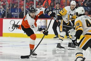 Apr 25, 2026; Philadelphia, Pennsylvania, USA; Philadelphia Flyers right wing Travis Konecny (11) takes a shot on goal against the Pittsburgh Penguins during the third period in game four of the first round of the 2026 Stanley Cup Playoffs at Xfinity Mobile Arena.