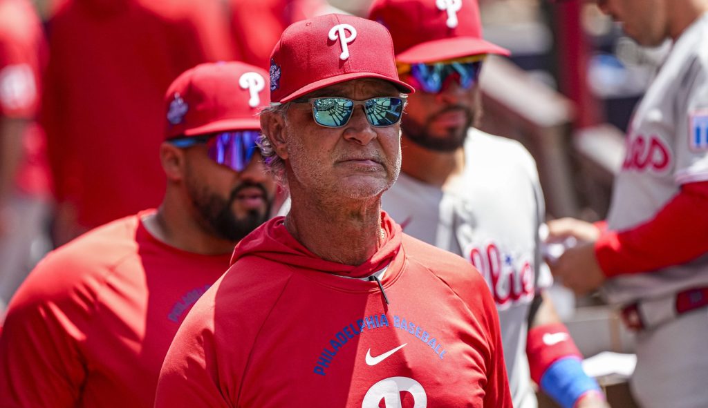 Apr 26, 2026; Cumberland, Georgia, USA; Philadelphia Phillies bench coach Don Mattingly (8) in the dugout during the game against the Atlanta Braves at Truist Park.