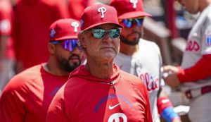 Apr 26, 2026; Cumberland, Georgia, USA; Philadelphia Phillies bench coach Don Mattingly (8) in the dugout during the game against the Atlanta Braves at Truist Park.